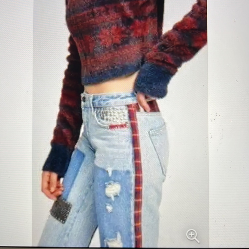 Free People Plaid Mixed Slim Flare Jeans